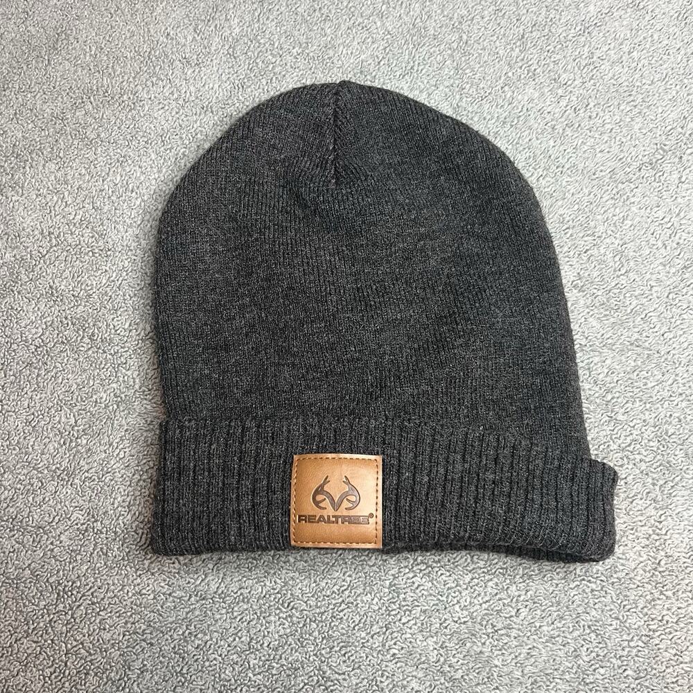 Realtree Dark Charcoal Grey Acrylic Cuffed Beanie Hat with Faux Leather Logo
